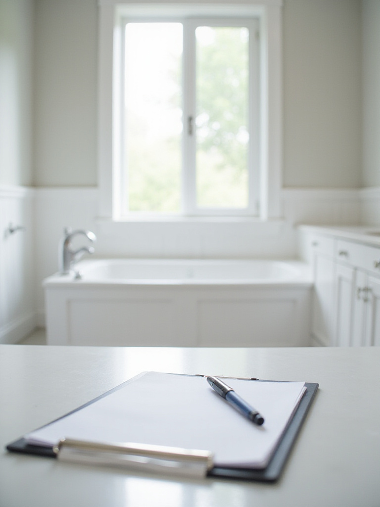 Remodeled bathroom with clipboard and pen, symbolizing final walkthrough and punch list.