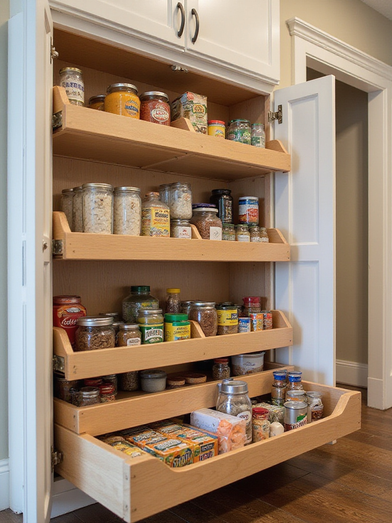 Organized deep pantry with pull-out bins showcasing various categorized items.