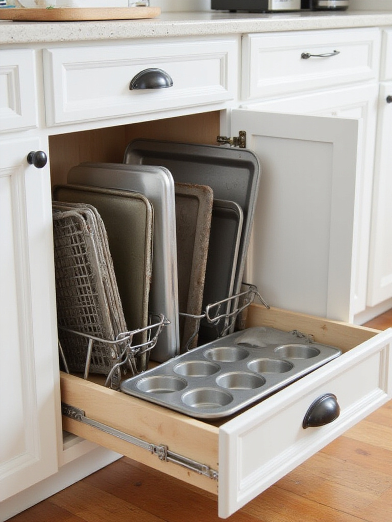 Organized kitchen cabinet showing bakeware stored vertically using dividers for easy access.