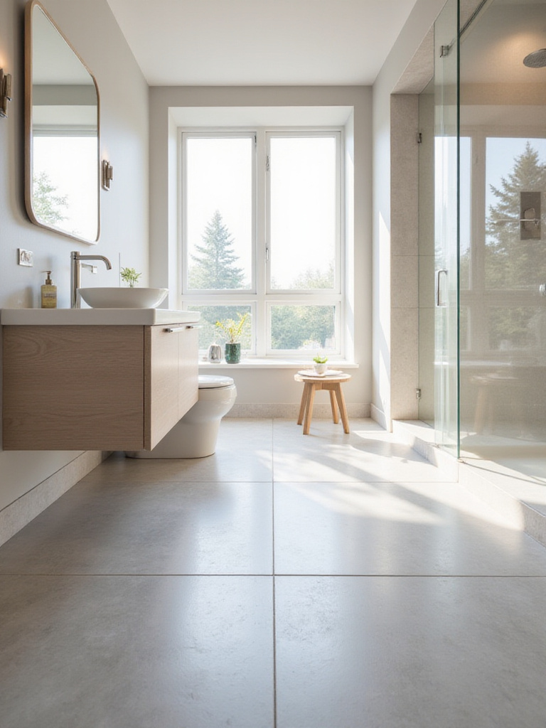 Modern bathroom with light grey porcelain tile and subtle heat waves indicating underfloor heating.