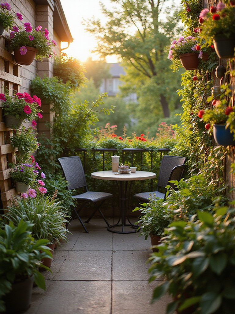Balcony with lush vertical garden showcasing pallet garden, hanging baskets, and a trellis covered in climbing plants.