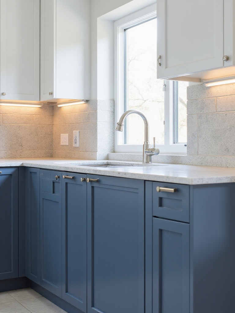 Modern kitchen featuring navy blue and white two-tone cabinets paired with a light grey quartz countertop, illustrating how cabinet color influences countertop selection.