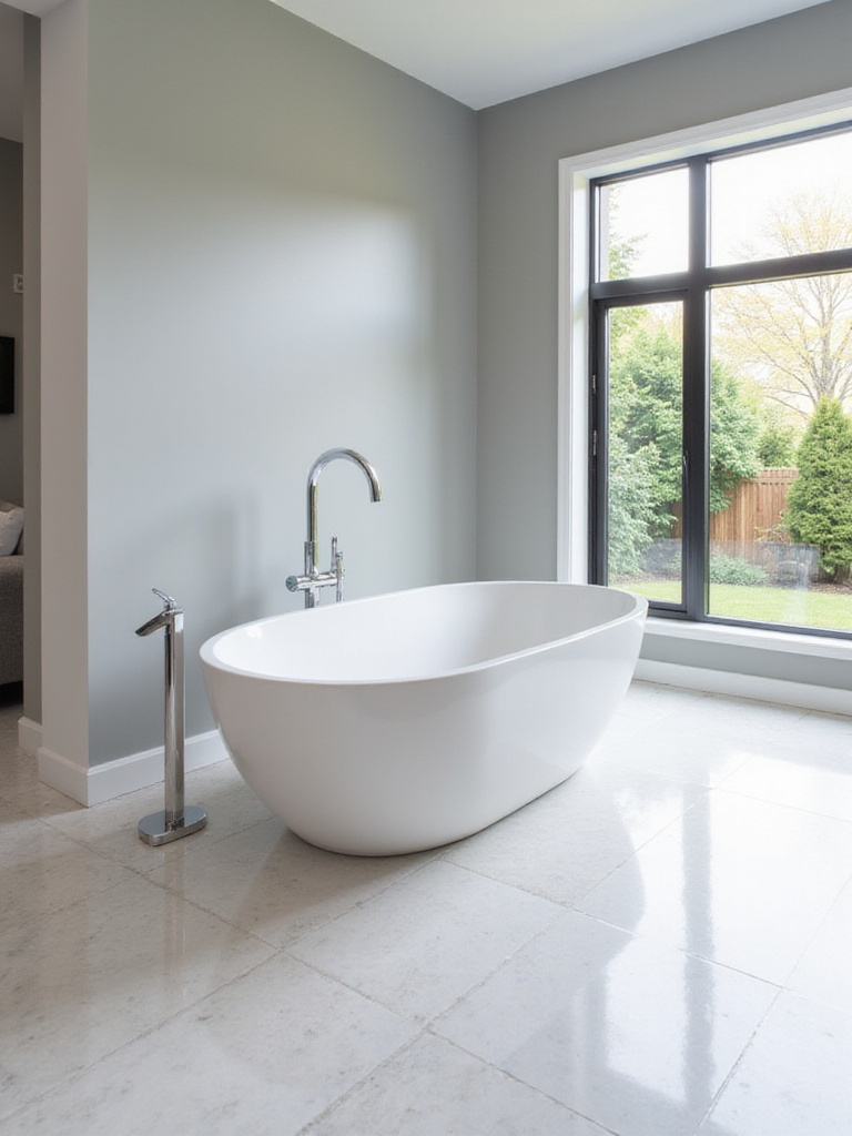 Luxurious bathroom with white freestanding tub near window overlooking garden