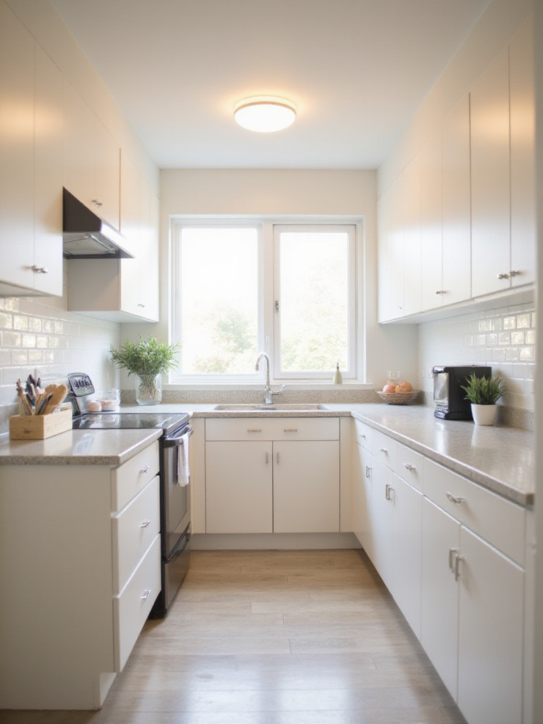 A small, bright kitchen with light countertops that reflect light, making the space feel larger and more open.