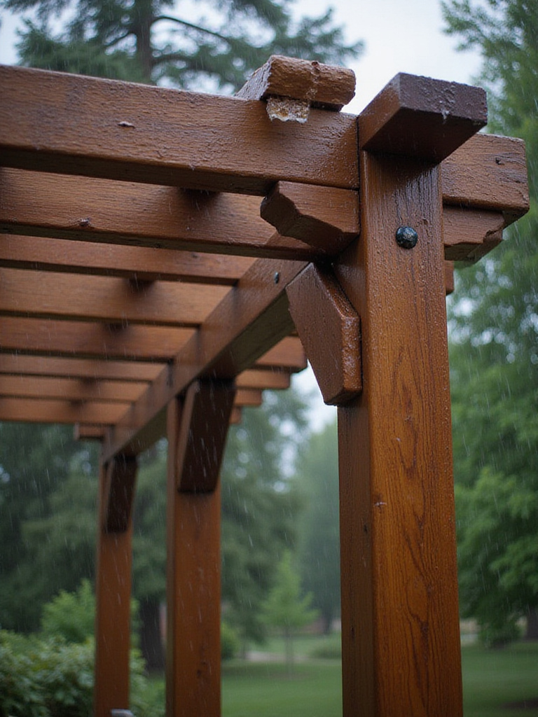 A robust wooden pergola with a solid cover effectively managing light rain, showcasing its weather resistance.