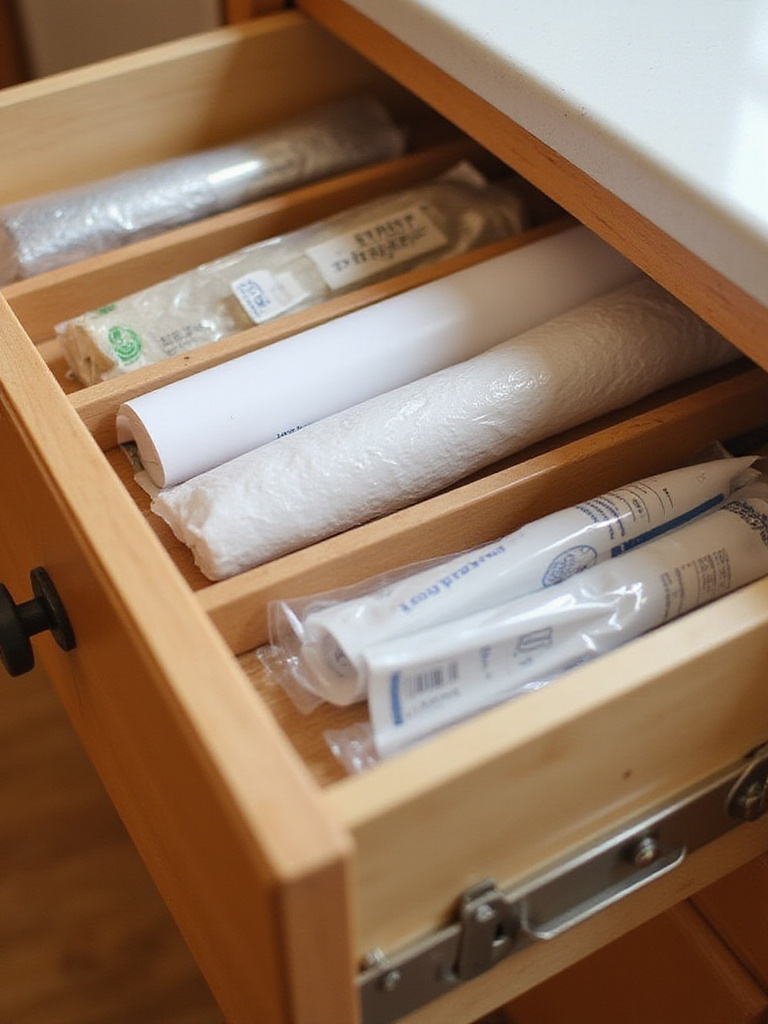 Organized kitchen drawer with holders for wraps and bags