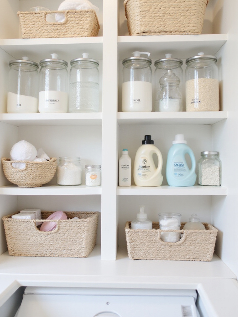 Organized laundry room shelving with decanted detergents, labeled containers, and storage baskets for supplies, illustrating efficient and tidy storage.