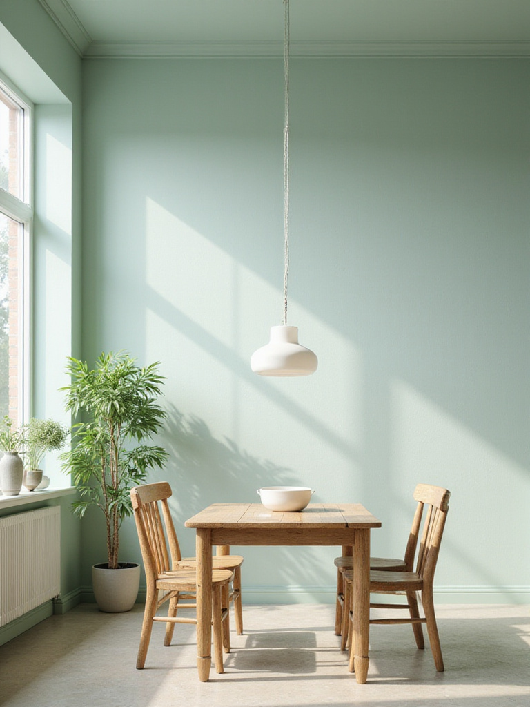 Tranquil dining room painted in soft sage green with a wooden table, bathed in soft natural light.