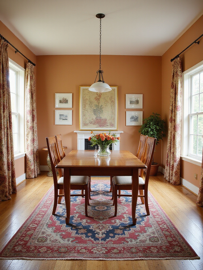 A dining room showing harmonious wall paint color coordinated with the existing decor, including a rug, artwork, and furniture.