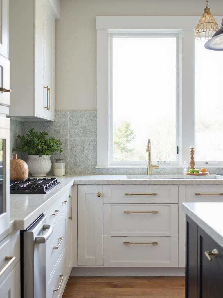 Kitchen design ideas showcasing how to pair countertops and backsplashes using coordination and contrast, featuring different material textures and colors.