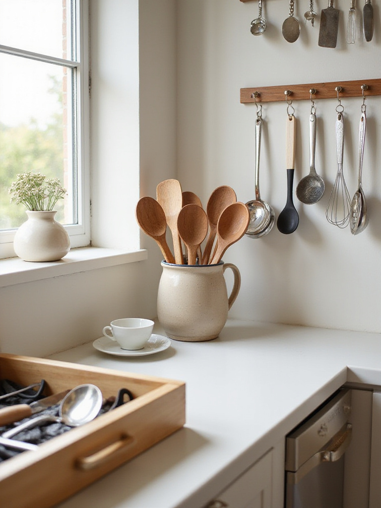 Organized kitchen counter with a crock of cooking utensils and a drawer with utensil dividers, showcasing effective storage solutions.