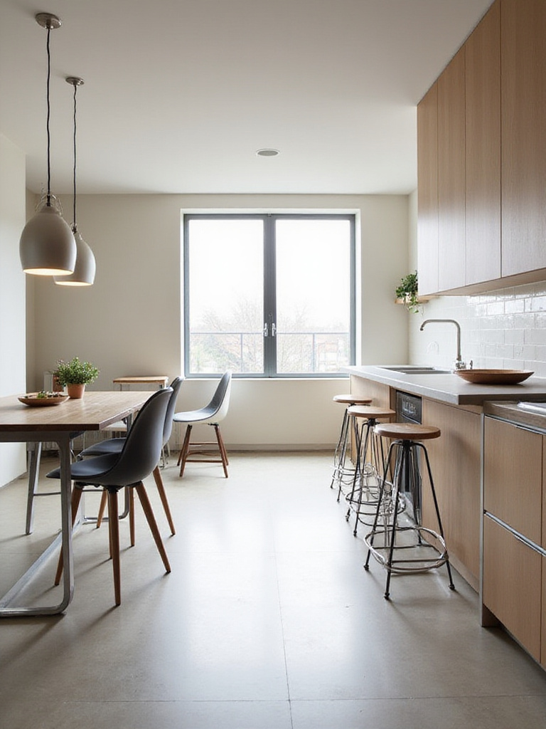Comparison of modern kitchen dining areas, showing a standard dining-height table and a taller counter-height table with stools.