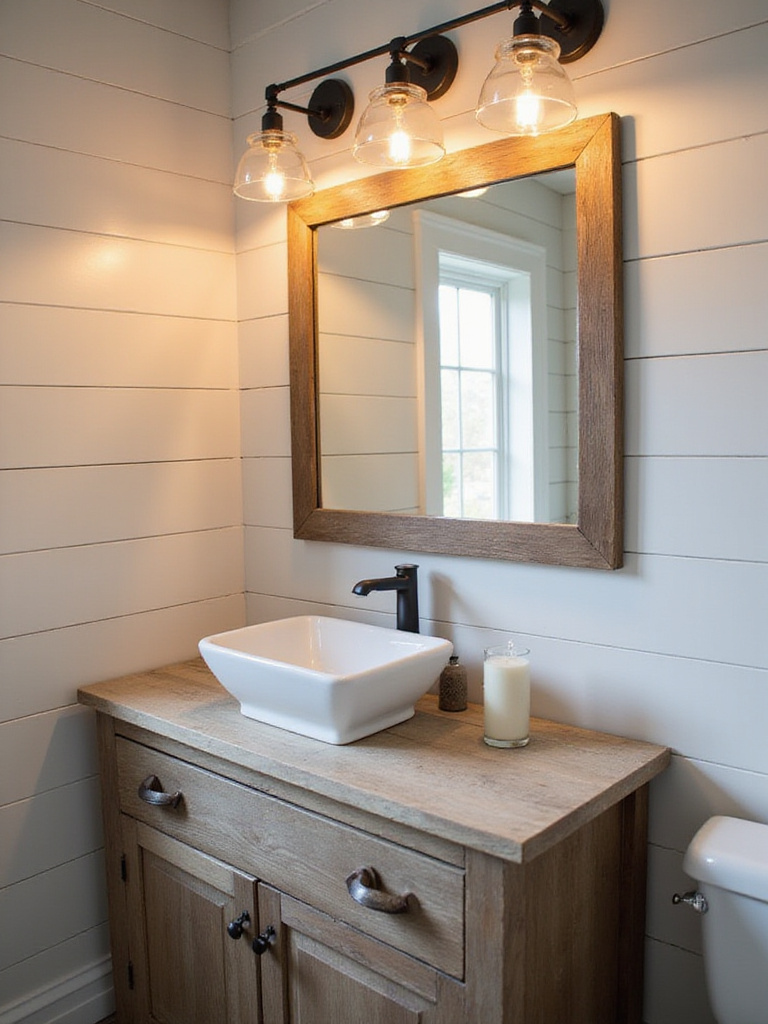 Farmhouse bathroom vanity with rustic wood mirror and industrial-style black metal sconces over a white shiplap wall.