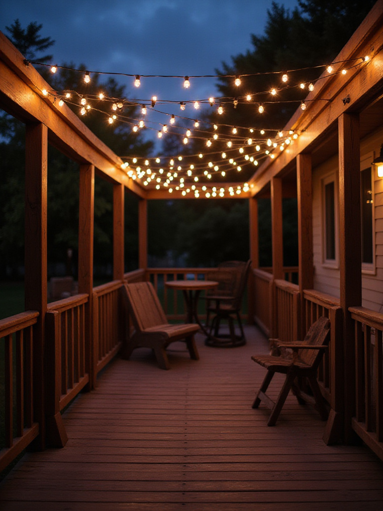 A wooden deck at dusk illuminated by a canopy of warm, criss-crossed string lights, creating a cozy outdoor living space.