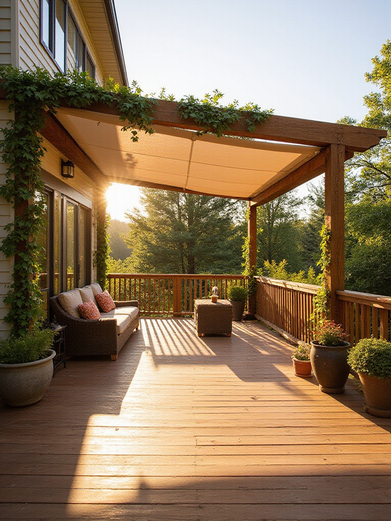 Deck decoration idea featuring a wooden deck with an integrated structure providing shade, such as a pergola or awning, creating a comfortable outdoor seating area.