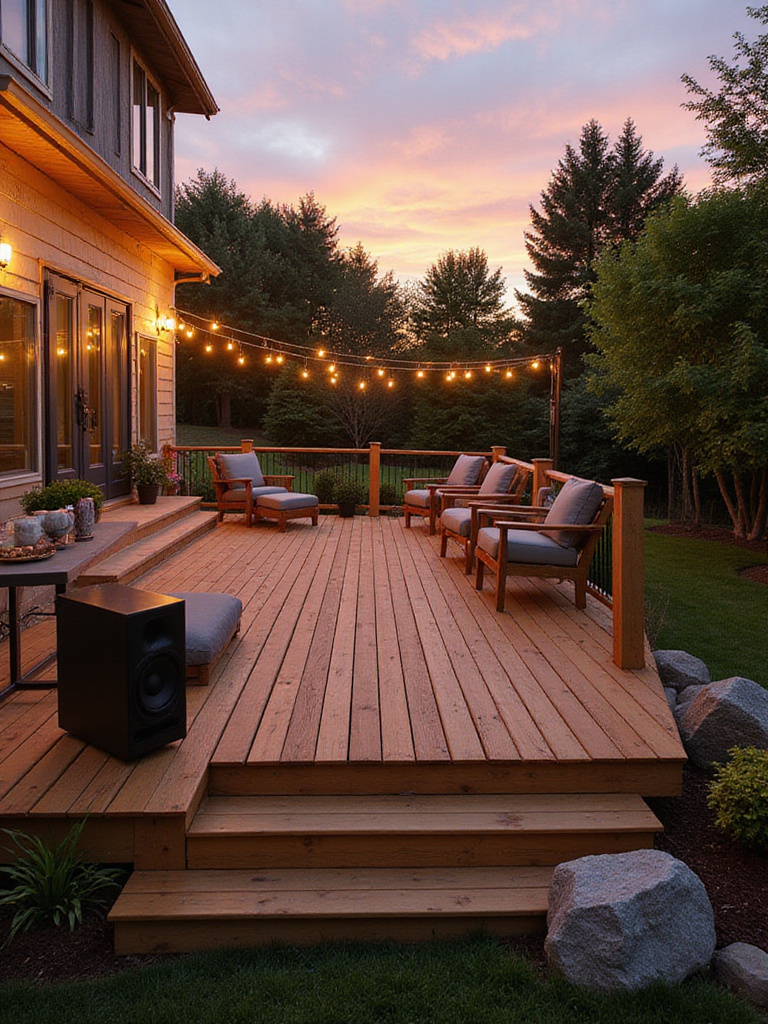A beautiful wooden deck at sunset featuring comfortable seating, string lights, and subtly integrated outdoor speakers enhancing the ambiance.