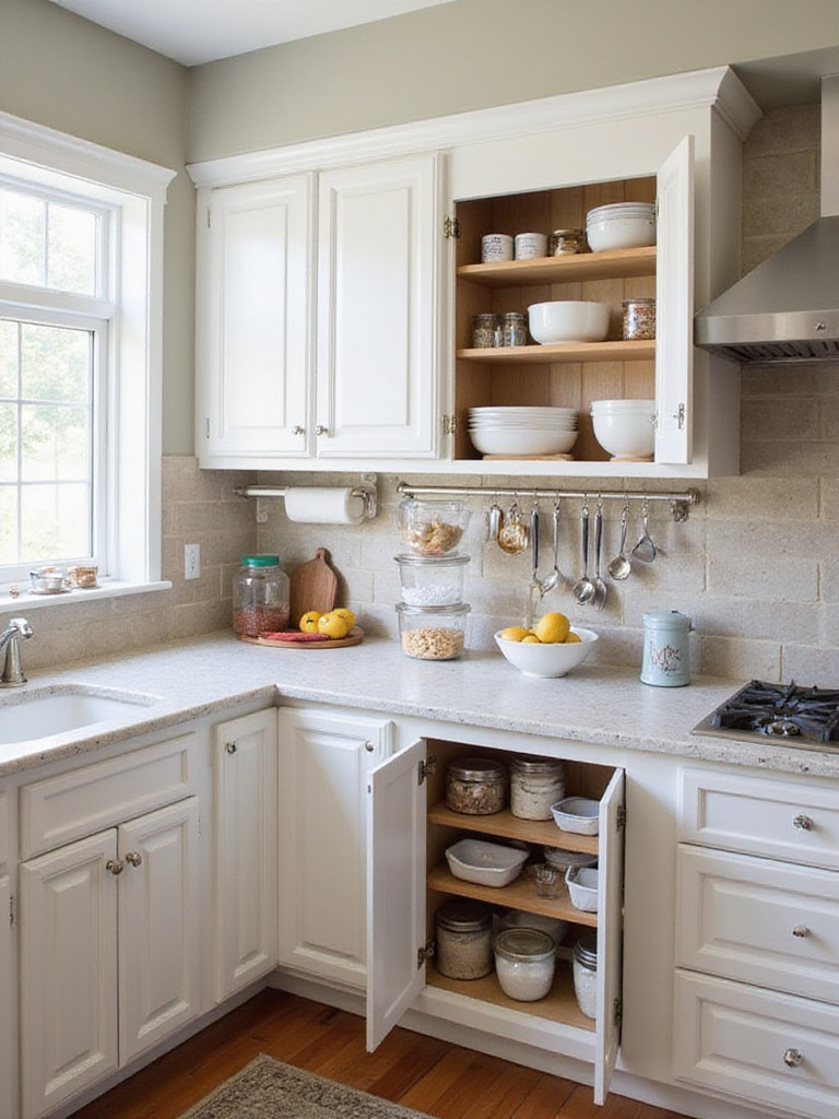 Organized kitchen with distinct zones for food preparation, cooking, and cleaning, emphasizing workflow efficiency.