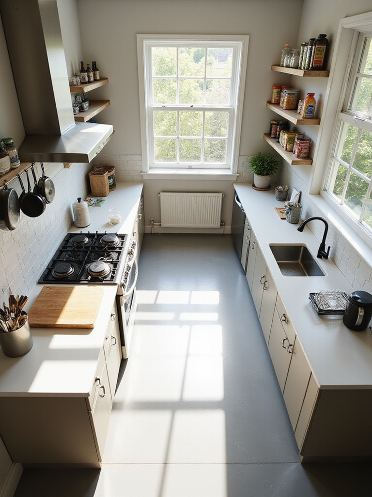 Overhead view of a well-organized modern kitchen with distinct zones for cooking, food preparation, and cleaning, demonstrating efficient space utilization.
