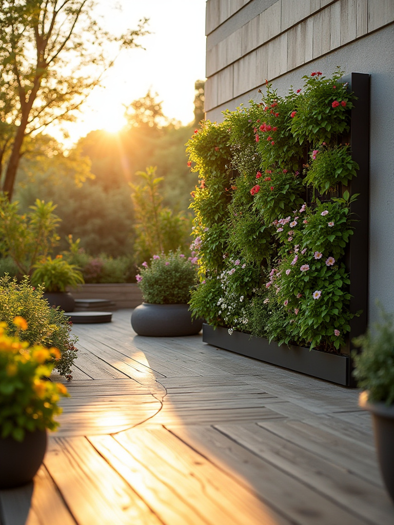 Modern deck with a lush vertical garden on the back wall, featuring various green plants and colorful flowers in golden hour sunlight.