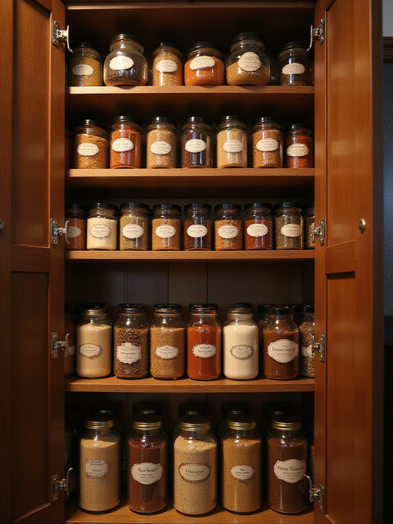 Well-organized spice cabinet with tiered shelves showcasing various spices in jars.