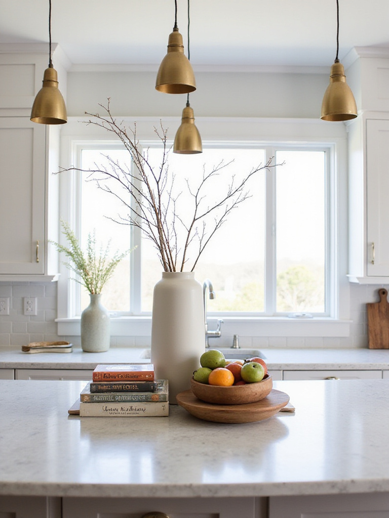 Kitchen island decorated with a tall vase, medium fruit bowl, and low stack of books, showcasing how to create visual interest using varying heights.
