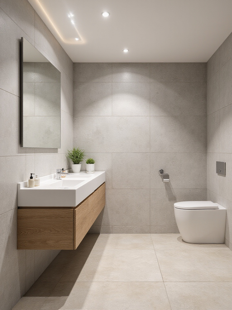 Modern bathroom featuring a cohesive color palette of gray, white, beige, and natural wood.