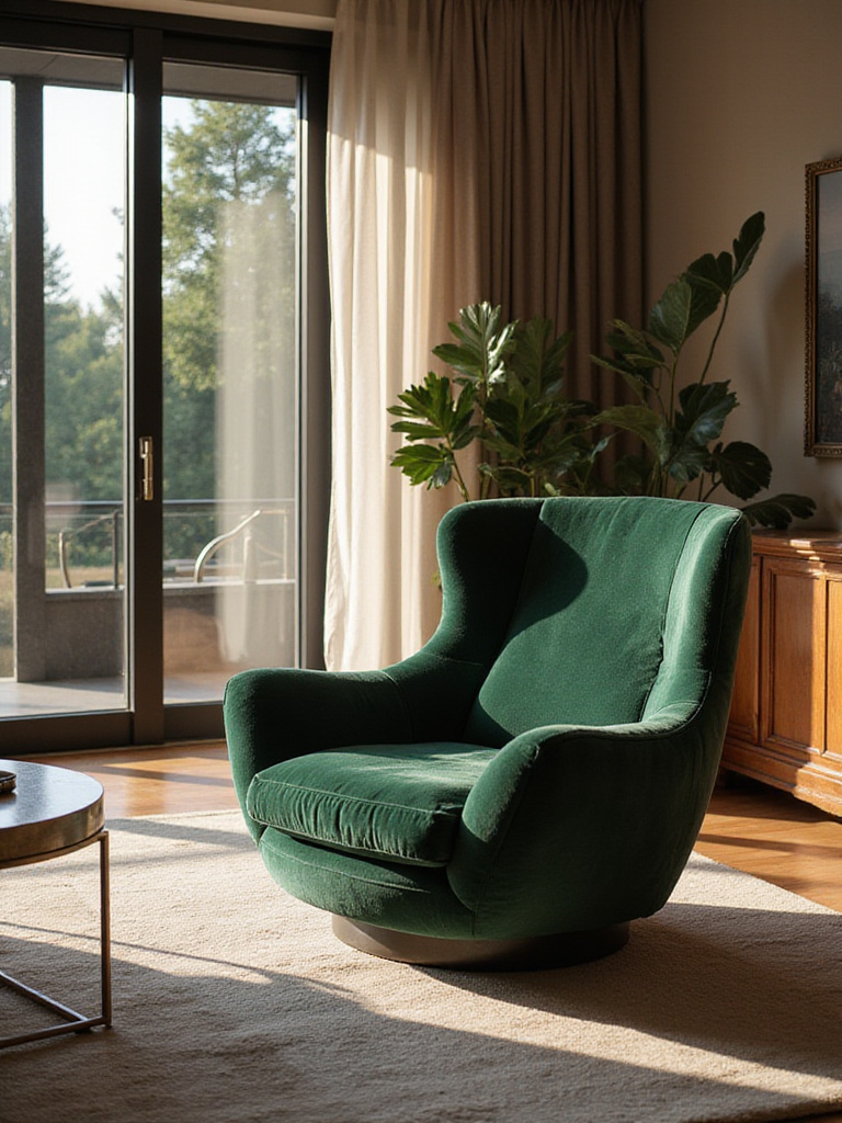 Luxury living room featuring a striking velvet armchair as the focal point, surrounded by understated modern furniture.