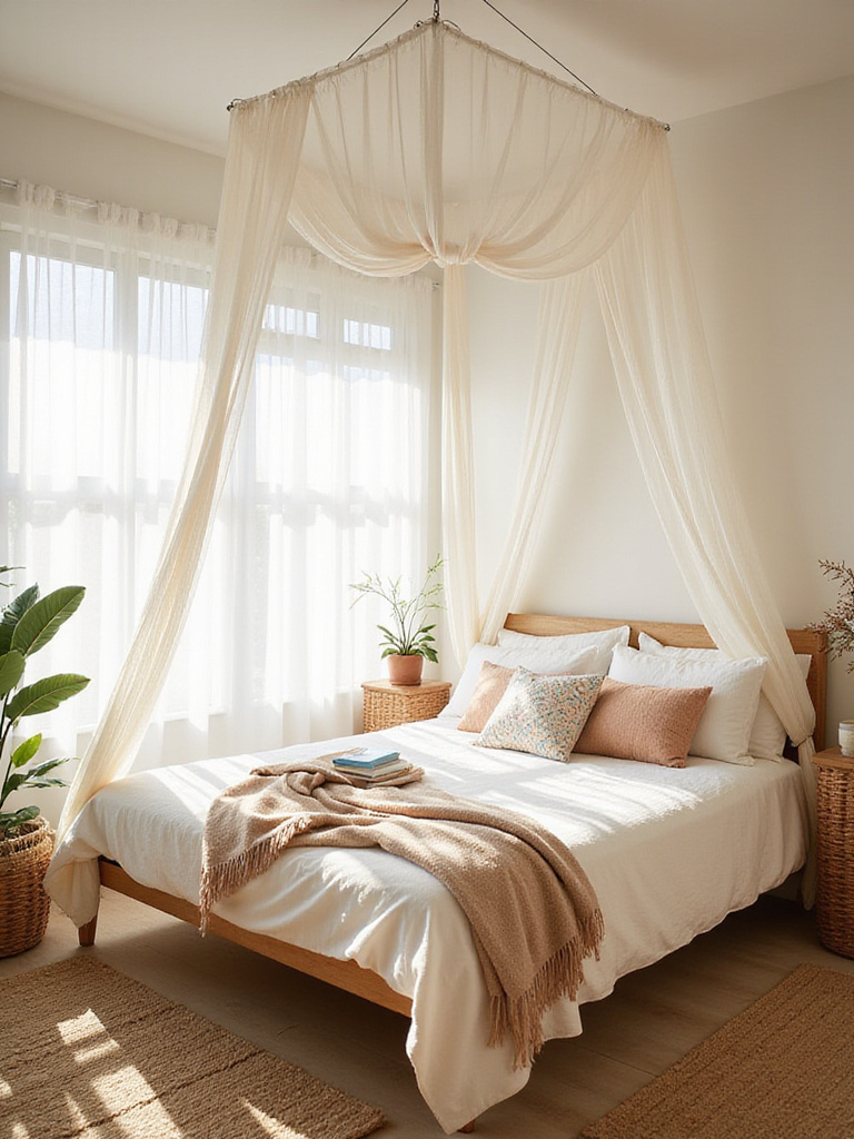 Boho bedroom with sheer white bed canopy