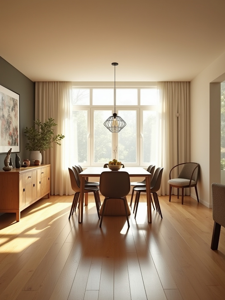 Modern dining room layout with rectangular table, sideboard, and ample space for movement.