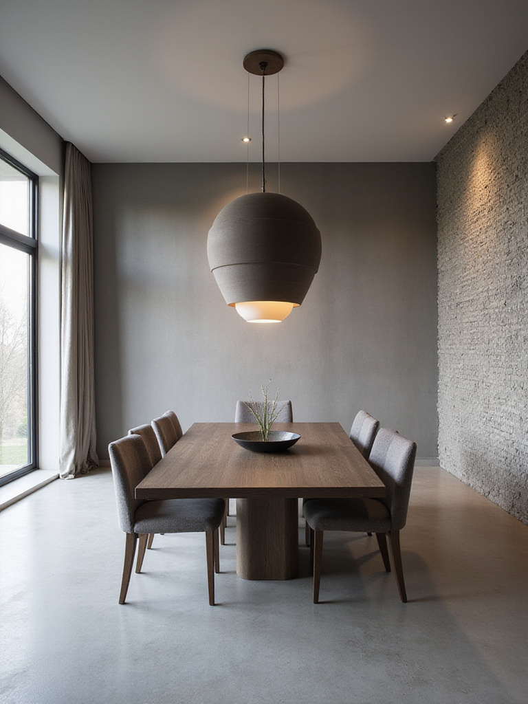 Modern dining room with dramatic pendant light fixture as focal point