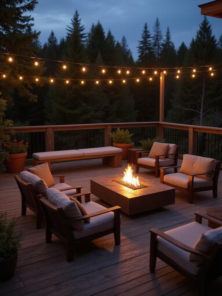 Modern deck at dusk with a rectangular gas fire table surrounded by comfortable seating, creating a warm and inviting outdoor living space.