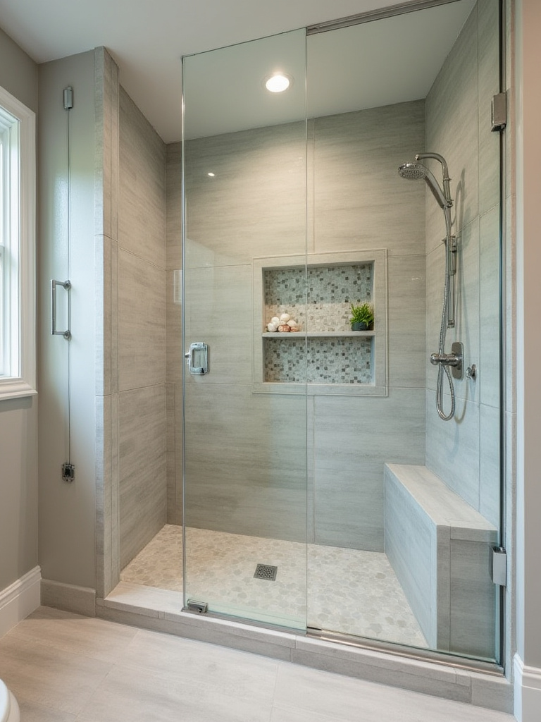 Modern walk-in shower with curbless entry, rainfall showerhead, and built-in bench.