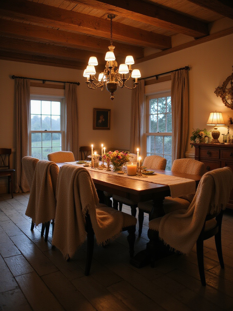 A warm and inviting farmhouse dining room atmosphere created with cozy elements like soft throws on chairs, plush cushions, and layered warm lighting from candles and fixtures.