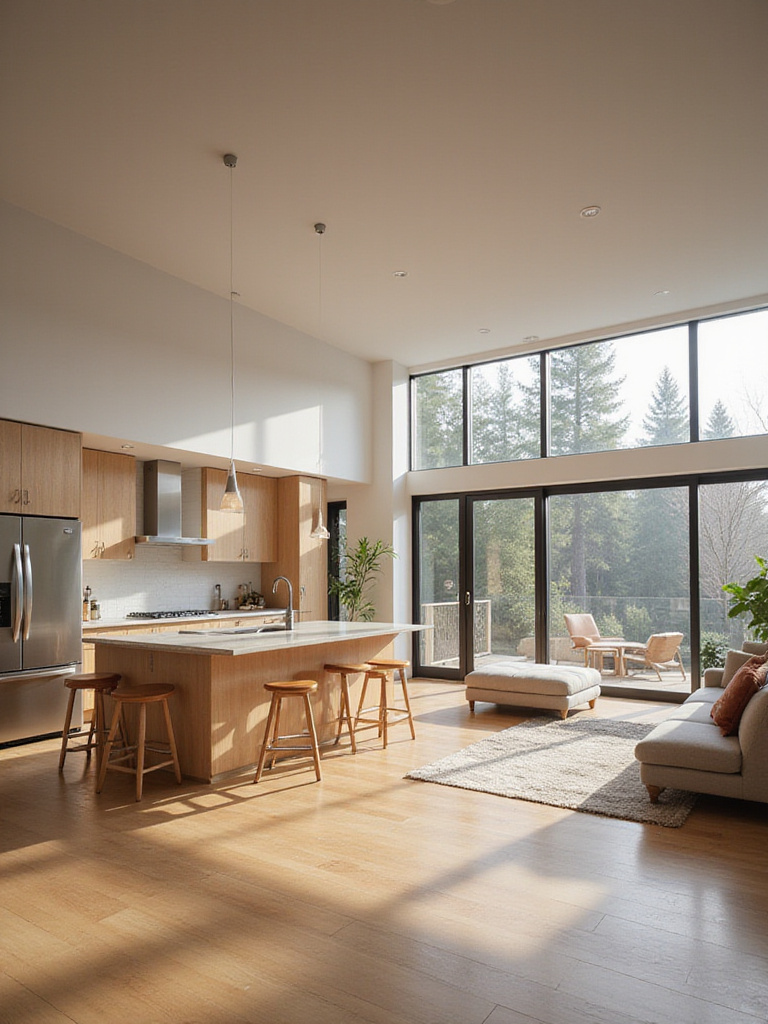 Bright, modern open-concept kitchen and living room with island seating