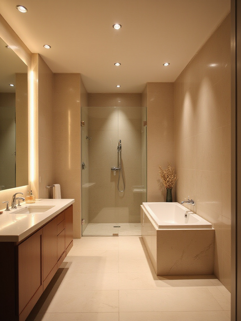 Modern bathroom illuminated by warm general lighting from a ceiling fixture and recessed lights, creating a serene and inviting ambiance.