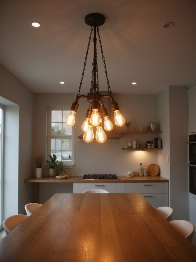 Modern kitchen featuring layered lighting with a pendant light over the table and recessed lighting in the ceiling.