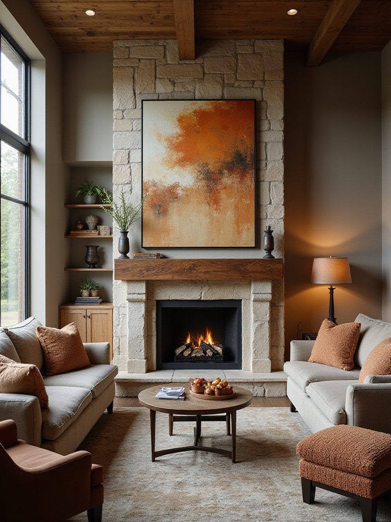 A beautifully decorated living room with a stone fireplace and large abstract art above it serving as the central focal point, surrounded by comfortable seating.