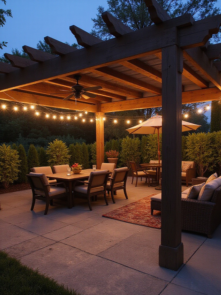 A pergola covering an outdoor entertainment area with distinct dining and lounge zones, lit for evening use.