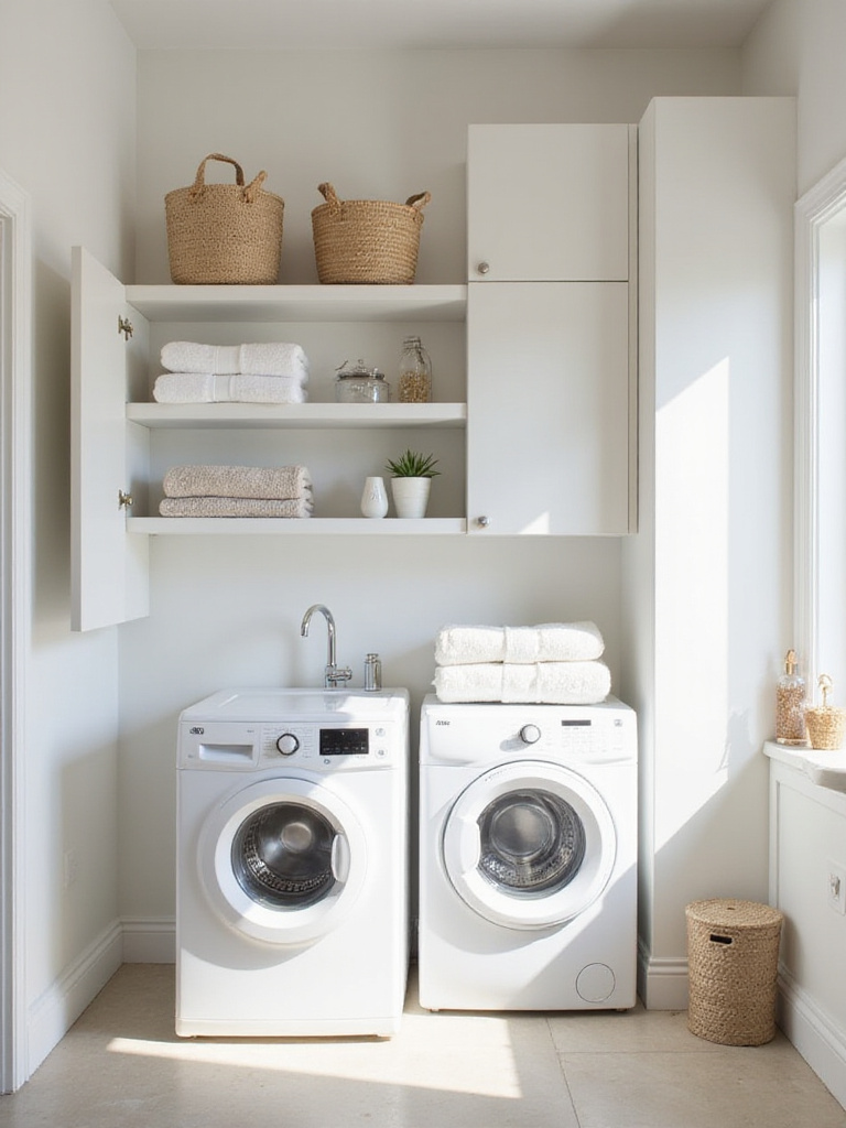 Laundry bathroom with vertical storage solutions including floating shelves above appliances and a tall cabinet, showcasing efficient use of wall space.