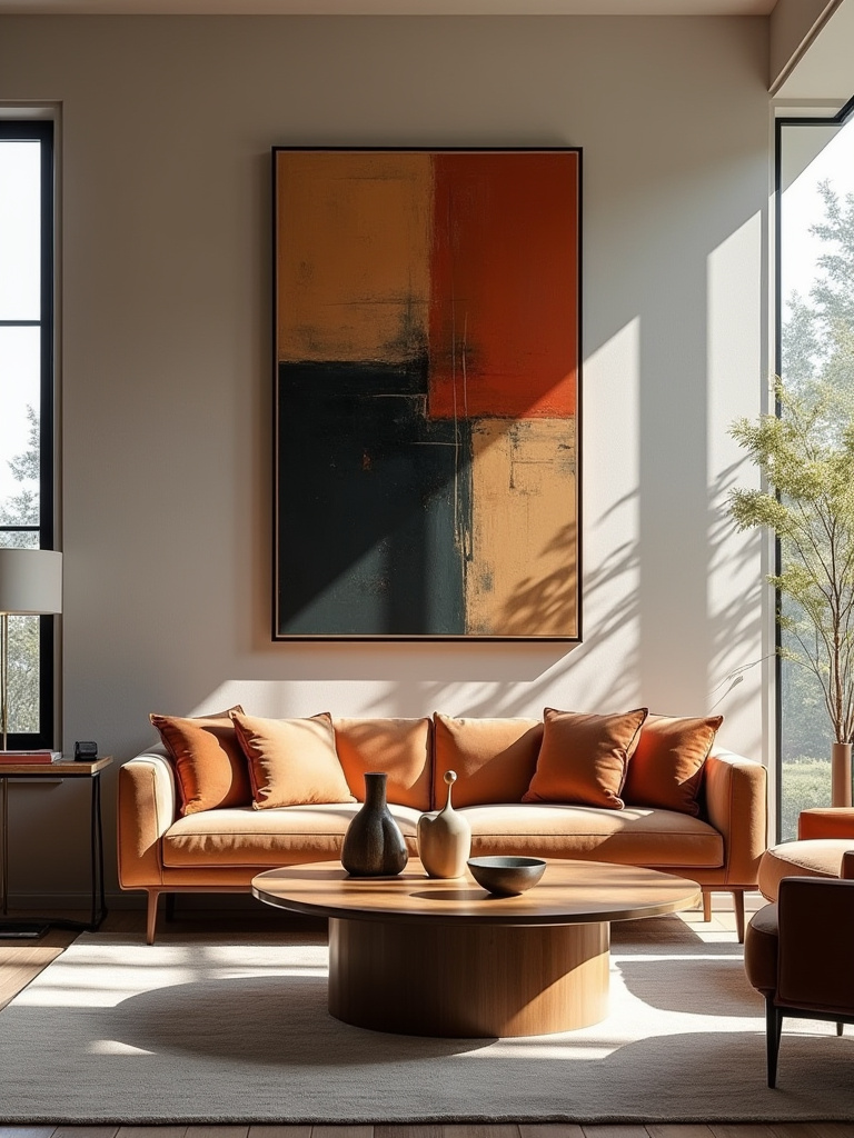 Luxury living room with velvet sofa, wood coffee table, abstract painting & bronze sculpture enhancing furniture aesthetics.