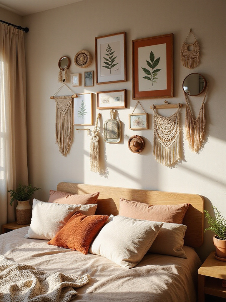 Boho bedroom with eclectic gallery wall featuring botanical prints, macrame, and vintage art.