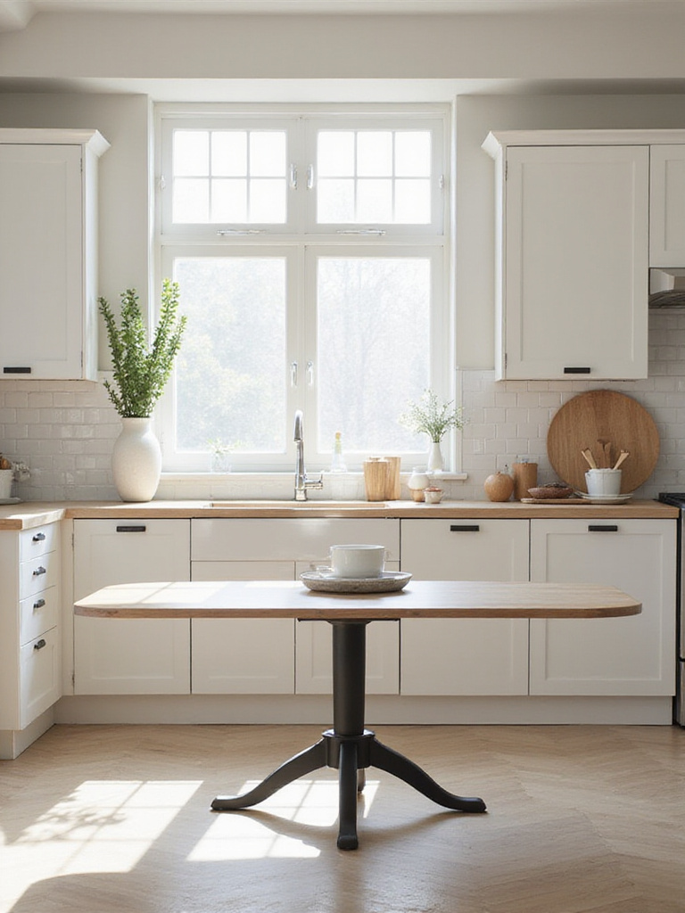 Modern kitchen featuring a customizable kitchen table with material samples, highlighting design options.