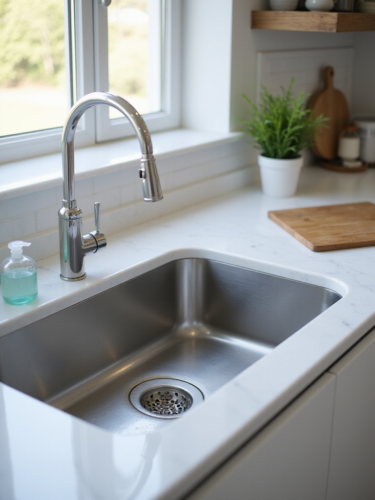 A sparkling clean stainless steel kitchen sink reflecting light, surrounded by tidy countertops, illustrating the result of a daily cleaning habit.