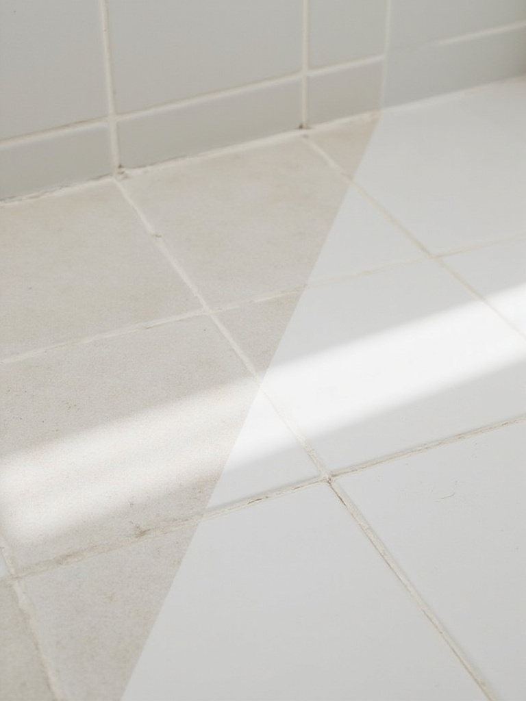 Before and after comparison of deep cleaned and sealed grout lines on bathroom tiles, showing the dramatic difference in appearance.