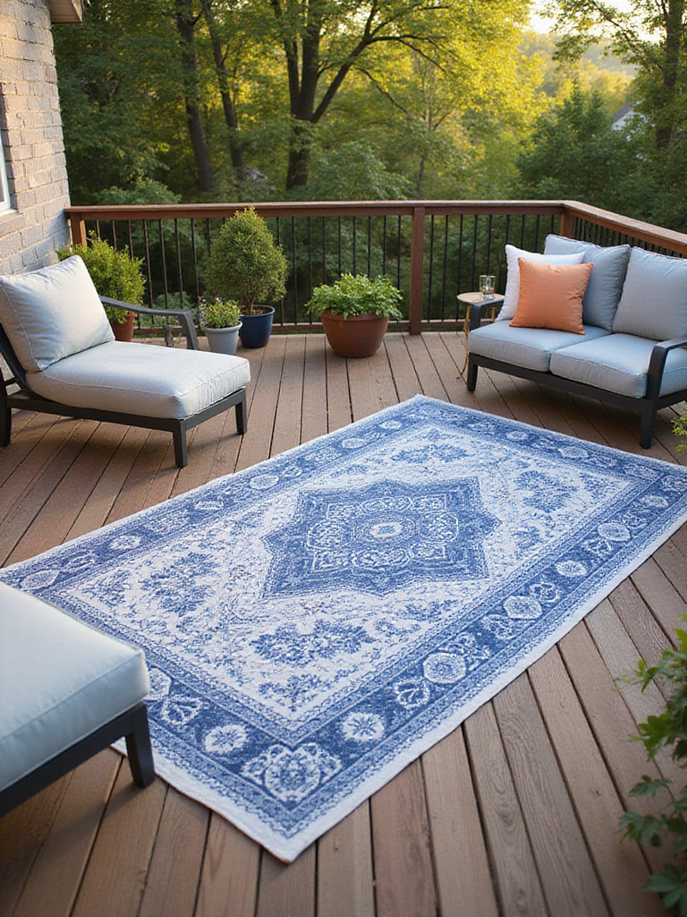 A large, colorful geometric outdoor rug anchors a seating area on a wooden deck, enhancing outdoor living space decoration.