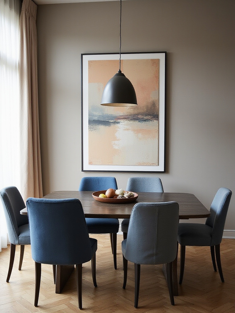 Modern dining room with a blue and grey color palette and warm grey walls.
