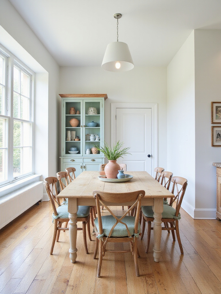 A farmhouse dining room with a defined color palette featuring warm white walls, soft sage green secondary tones, and terracotta accents for a welcoming feel.