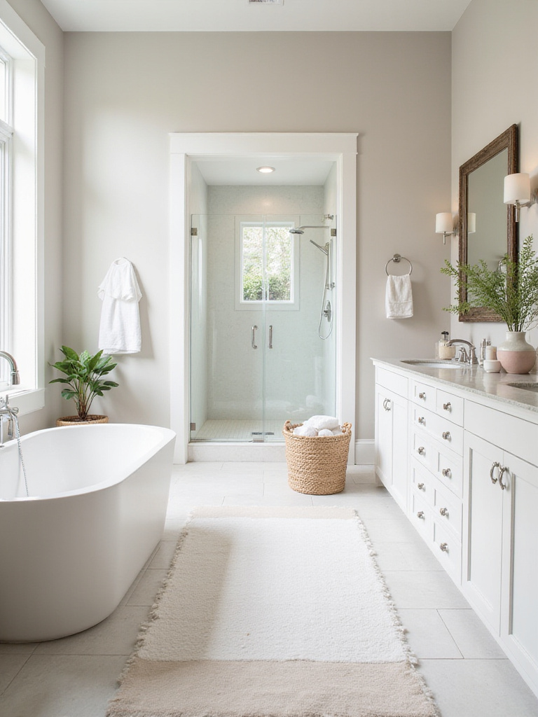 Modern bathroom remodel concept featuring a freestanding tub, walk-in shower, and double vanity.