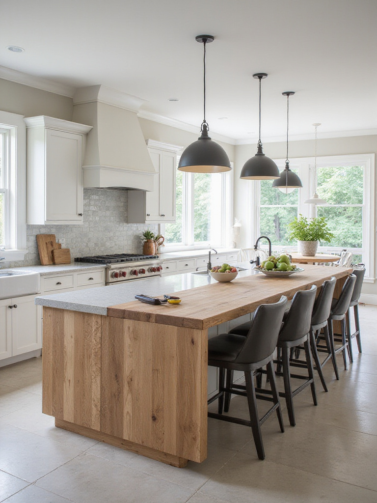 A large kitchen island is visually divided into functional zones: a butcher block prep area, a quartz dining area with stools, and a serving/display area. The modern transitional kitchen is bright and organized.