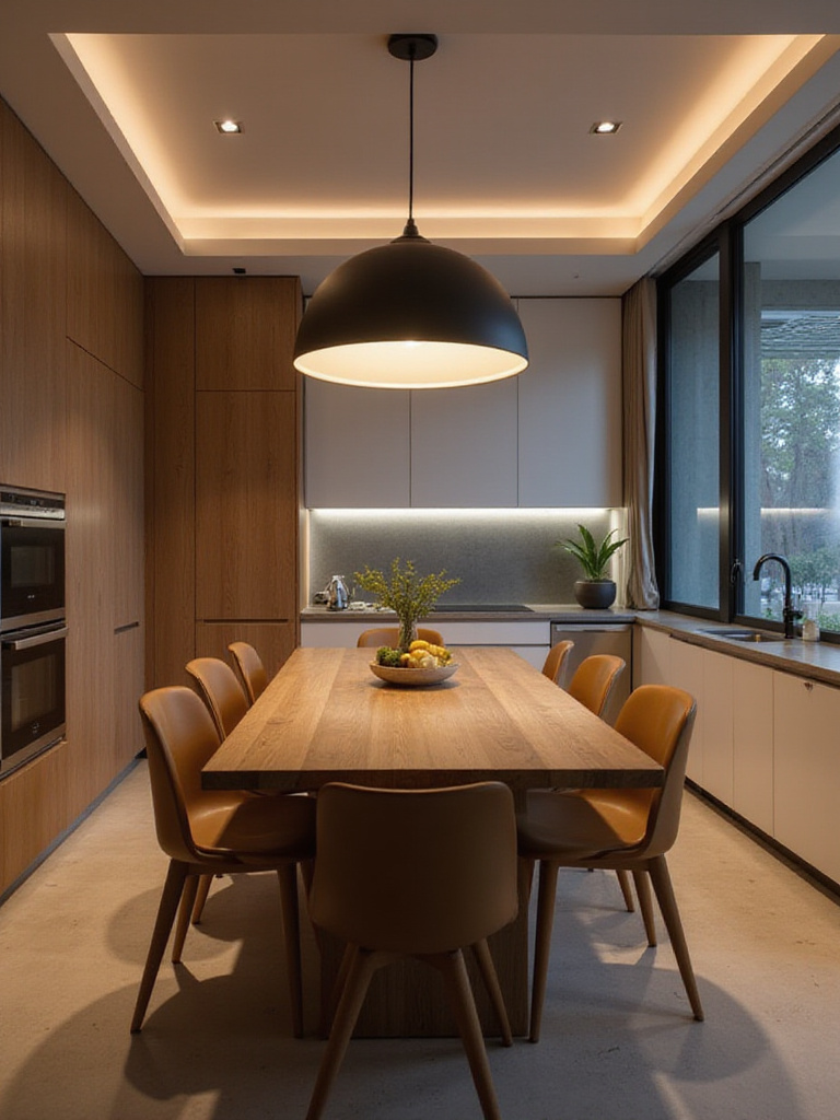 Kitchen dining area defined by a large pendant light fixture and recessed lighting